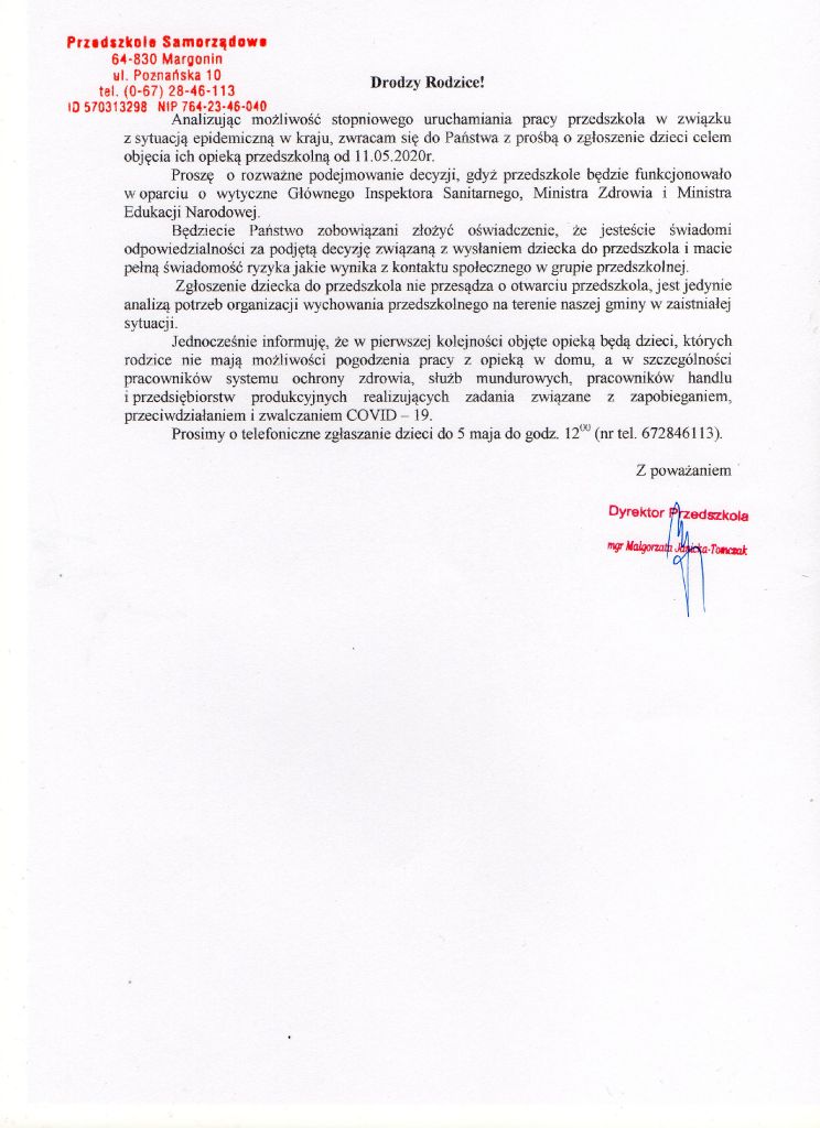 Informacja dla rodziców